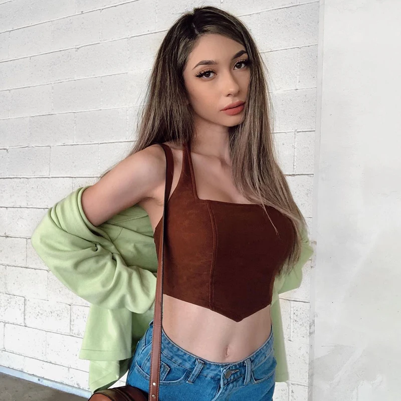 

IAMSURE Solid Basic Halter Top Sexy Slim Square Collar Sleeveless Crop Top Casual High Street Elegant Tank Top Women Fashion 90S