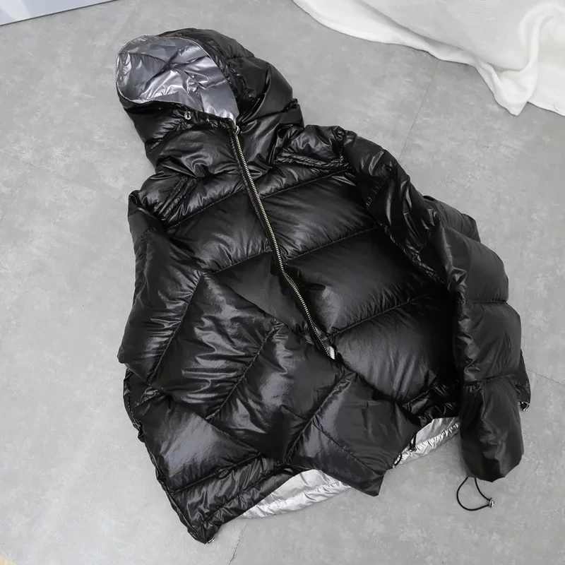 Black without fur Зимнее пуховое пальто, блестящая ткань, воротник из настоящего лисьего меха, короткий пуховик с капюшоном, женская одежда для двух лиц, теплые парки, куртка 131 - Цвет: Black without fur