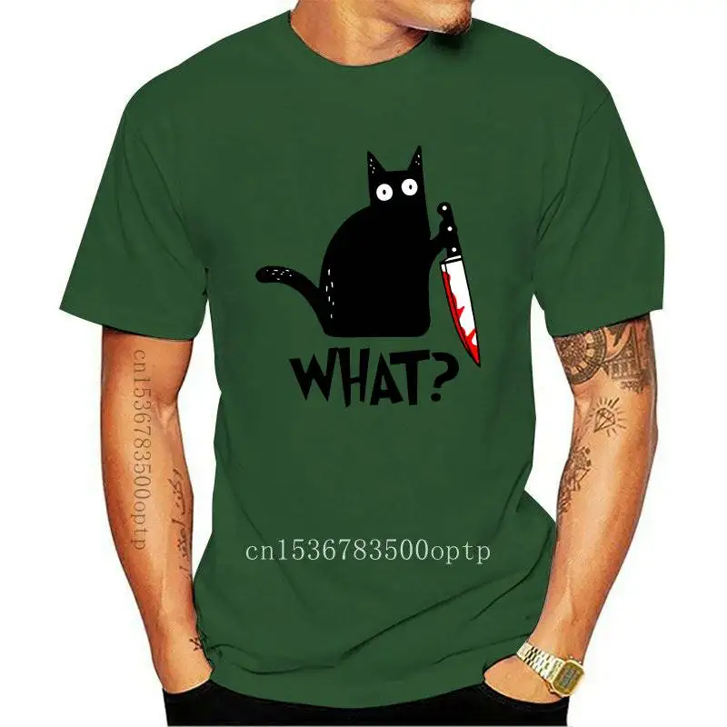 

New Cat What T Shirt Murderous Cat With Knife Funny Halloween Neck Summer Men's 100% cotton short sleeves T-Shirt Humor Gift Top