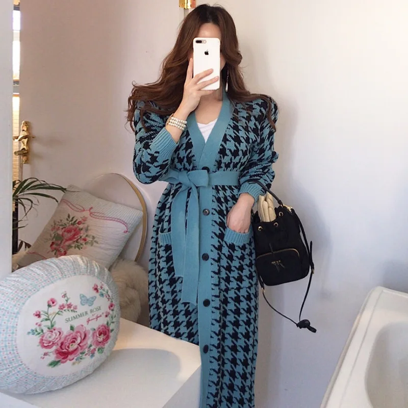 

2020 Spring Vintage Houndstooth Knitted Long Cardigans Sweaters Women Long Sleeve Singe-breasted V-neck Sashes Fashion Knitwear