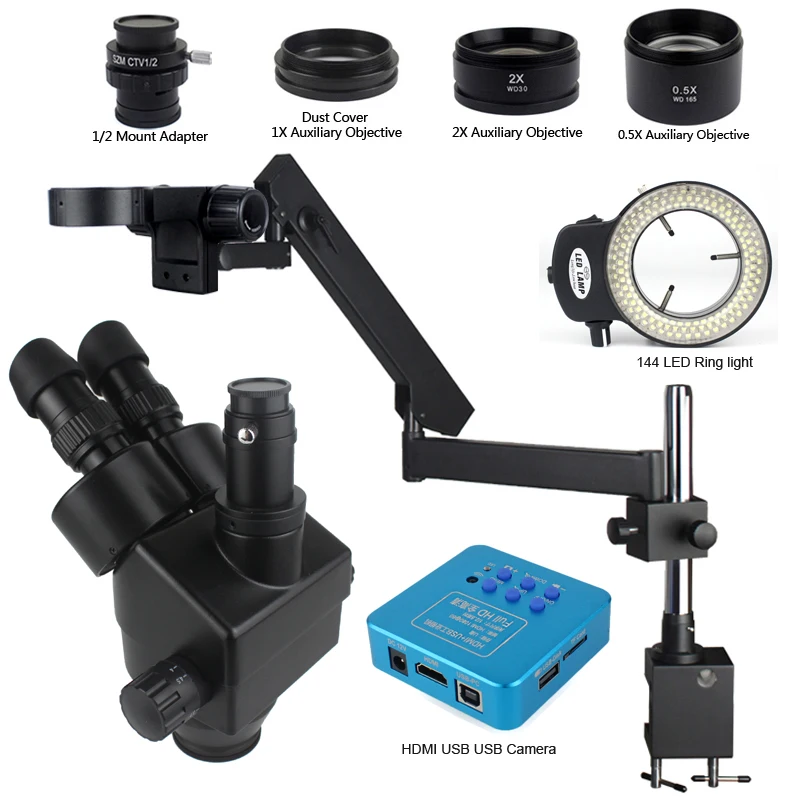 

Simul-Focal 3.5X-90X Zoom Trinocular Stereo Microscope Articulating Arm Clamp Stand 2K HDMI USB Camera For Phone CPU Repair