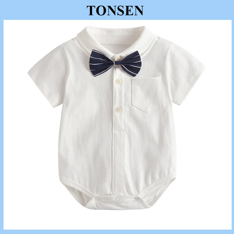 

TONSEN 0-2Y Newborn Baby Boys Summer Bodysuit Clothes Cotton Pure White Shirt Collar Long-Sleeved Romoer+Bow Tie Infant Toddler