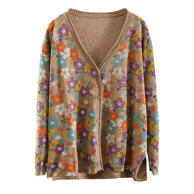 

2021 New Spring Sweater Women Shirt Long Sleeve Single Breasted Cardigan Printed Retro Art Sweater