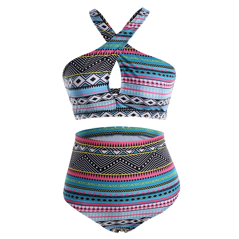 

Red Plaid Plus Size Swimsuit Vintage Totem High Waist Swimwear Cross Halter Women Beach Bathing Suit