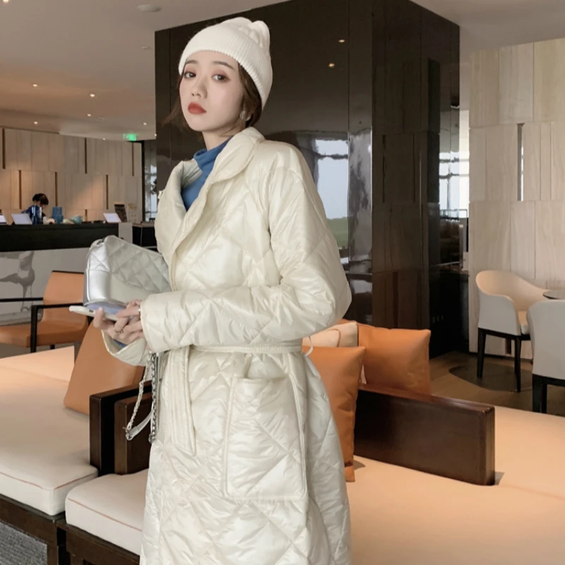 

Women Winter Thicken Beige Long Parkas Glossy Argyle Plaid Bandage Cotton Coat Turn-down Collar Overcoat Loose Jacket