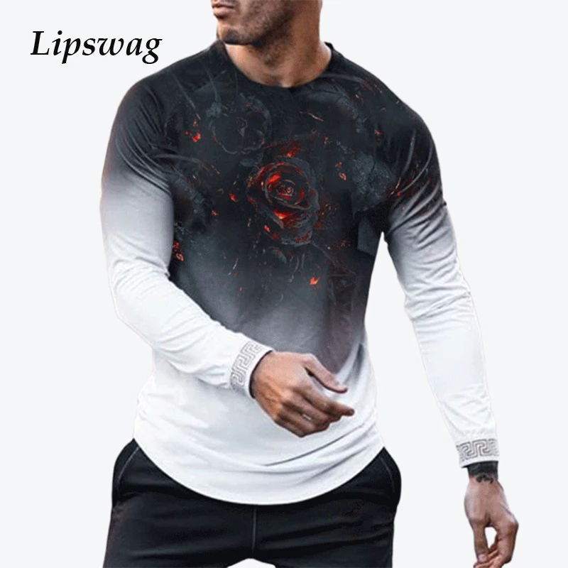 

Футболка мужская с цветочным принтом, длинным рукавом и круглым вырезом