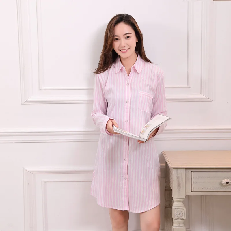 Розовая белая ночная рубашка с длинным рукавом платье весна осень хлопок пижама
