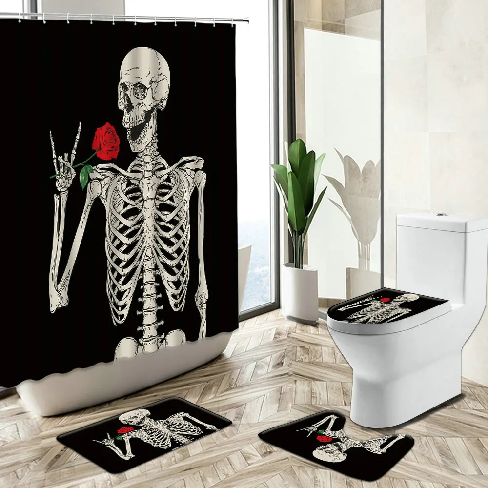

Skull Rose Flowers Shower Curtain Halloween Bathroom Set Love Couple Home Decor Non-Slip Carpet Toilet Cover Floor Mat Washable
