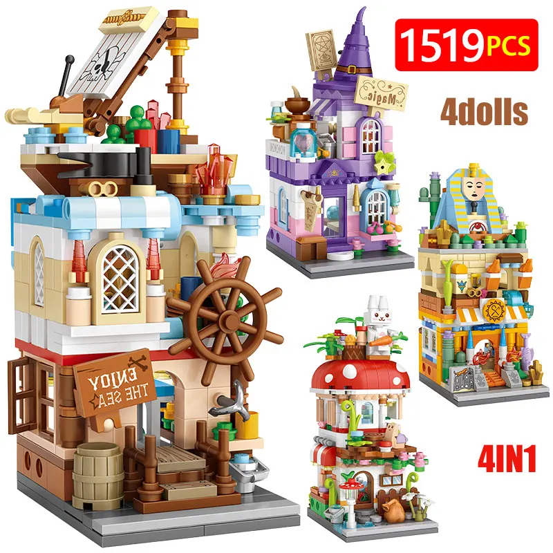 

1519pcs 4 IN 1 Mini City Street View Nautical House Architecture Building Blocks Friends DIY Cabin Figures Bricks Toys For Kids