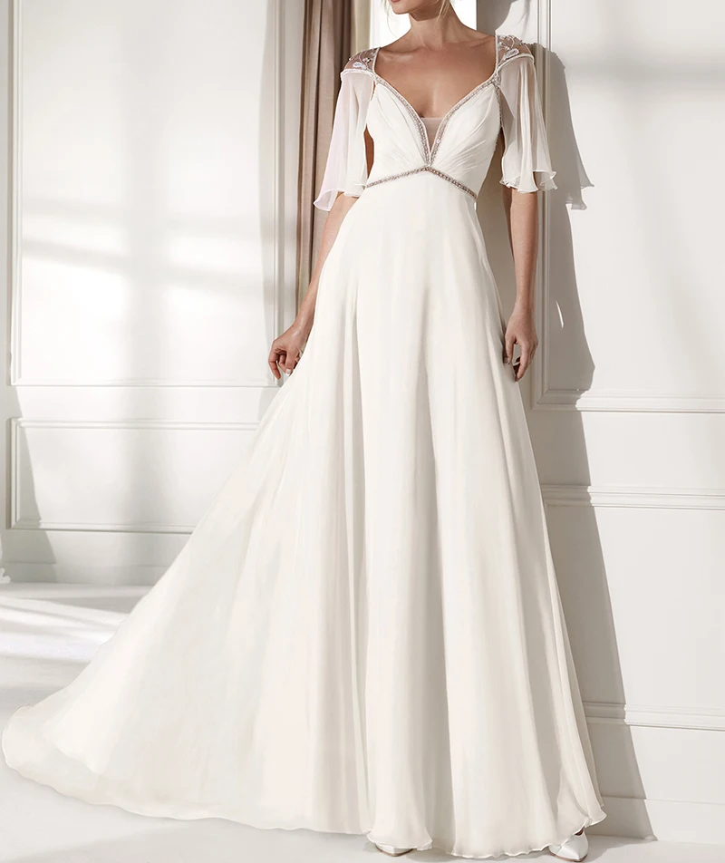 Женское вечернее платье со шлейфом SSYFashion роскошное белое с V образным вырезом и