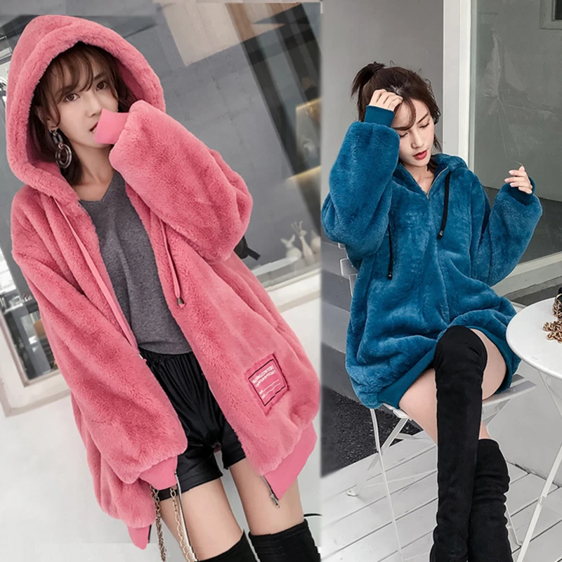 

Winter Coat Women New 2020 Hooded collar Plus Velvet Thickening Faux Fur Coat Hoodie Ladies Pullover Loose Women Coat
