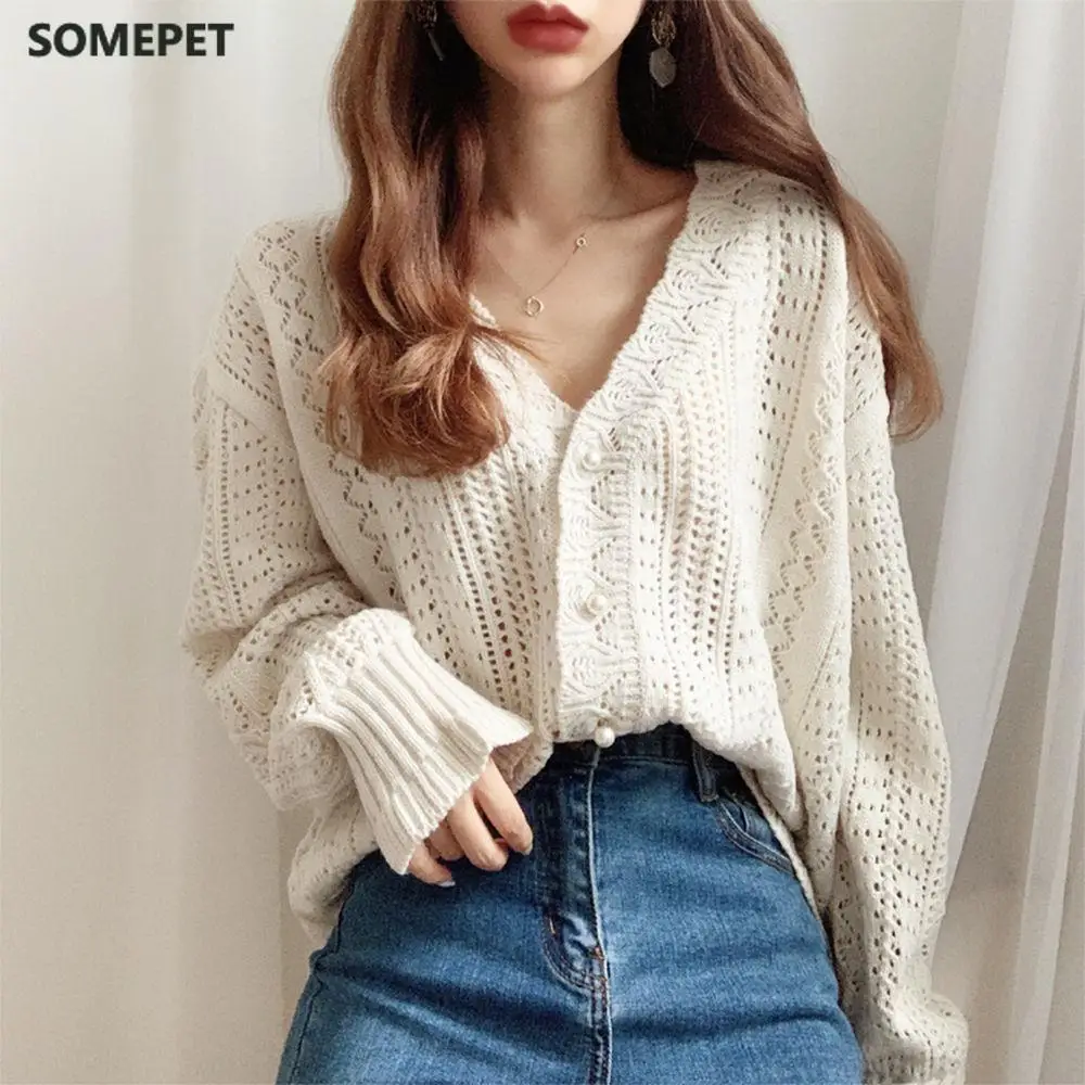 

Cropped Cardigan Women Spring Chic Hollow Out Elegant V-Neck Korean Vintage Femme Jumper White Sweet Girls Pearls Lady Knitwear
