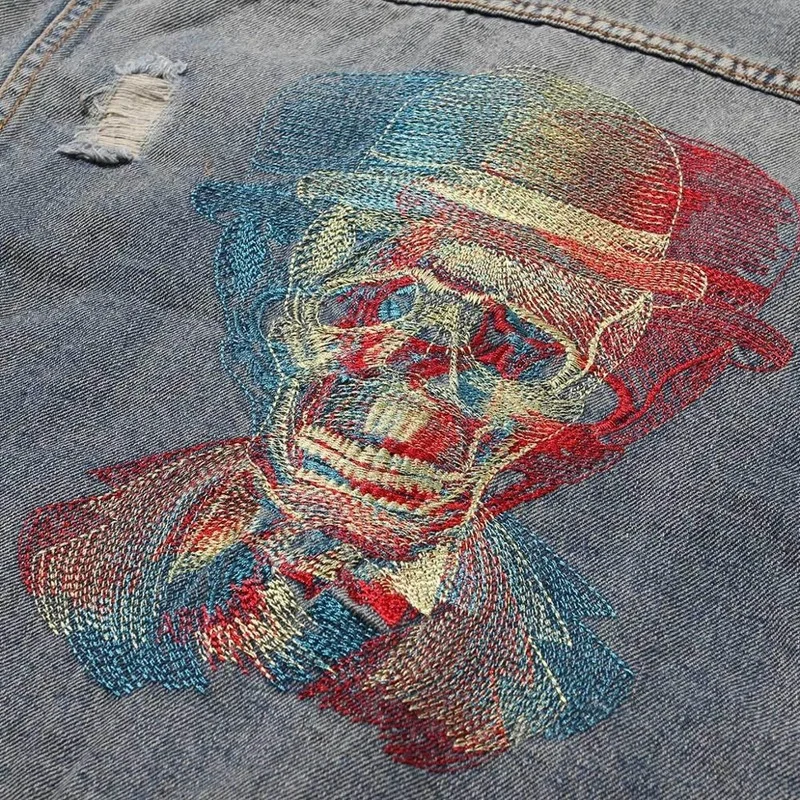

Harajuku Jean Jacket Men's Skull Embroidery Vintage Denim Jacket Men Punk Casual Hole Streetwear Ruched Washed Male Denim Jacket