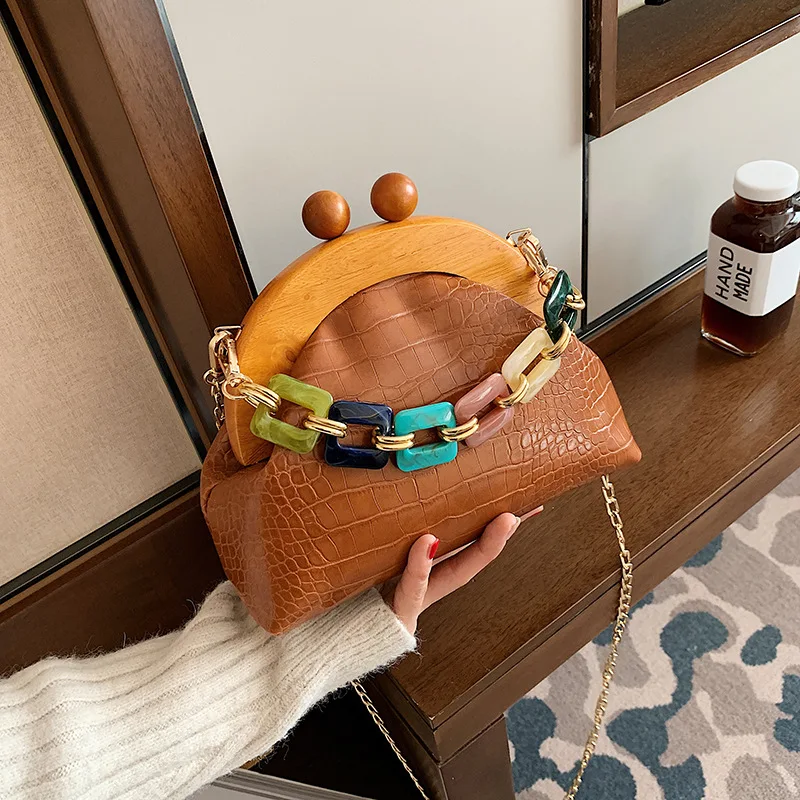 

Сумка кросс-боди Женская в стиле ретро, плотная Сумочка на плечо с цепочкой и деревянным зажимом, модный саквояж крокодиловой кожи, маленька...