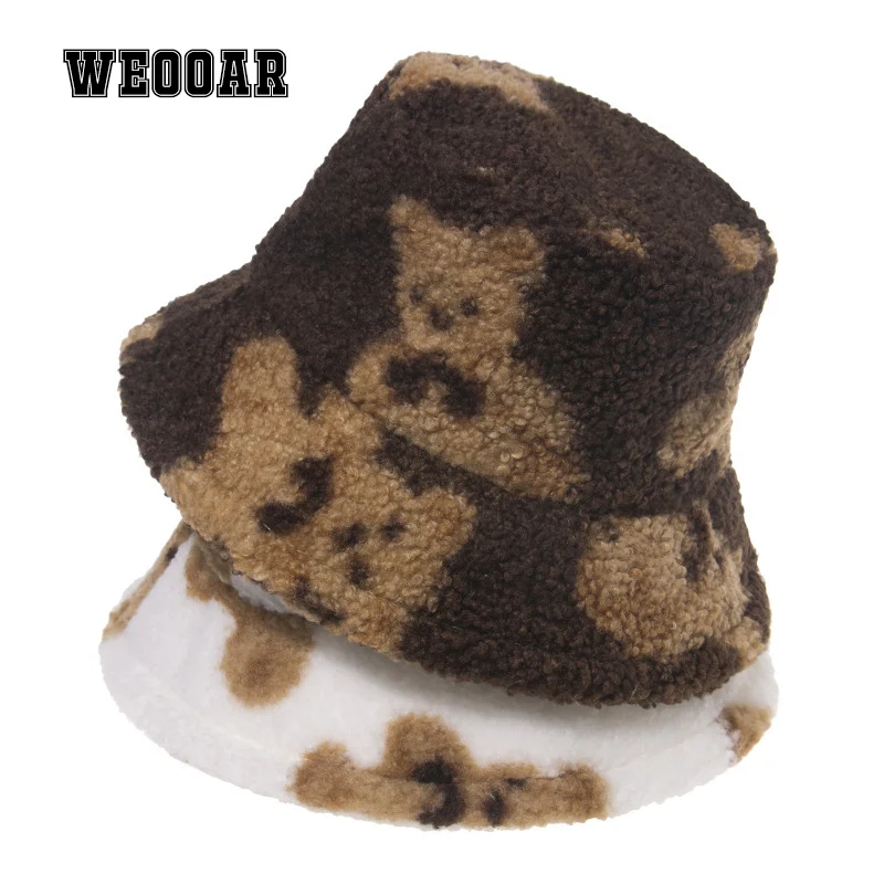 

WEOOAR Lamb Wool Bear Women's Bucket Hat 2021 Winter Men's Panama Hat Luxury Autumn Warm Windproof Trendy Hat Hip Hop Caps MZ228