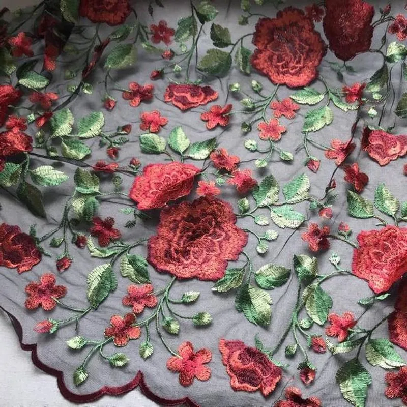 1 ярд винтажная кружевная ткань с вышивкой в виде цветов пиона и зеленых листьев