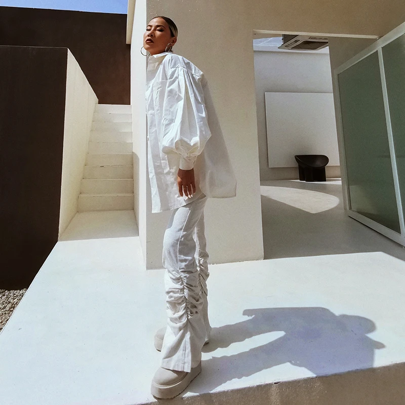 

TWOTWINSTYLE Casual Patchwork Blazer For Women Notched Lantern Long Sleeve White Blazers Female Fashion New Clothing Stylish