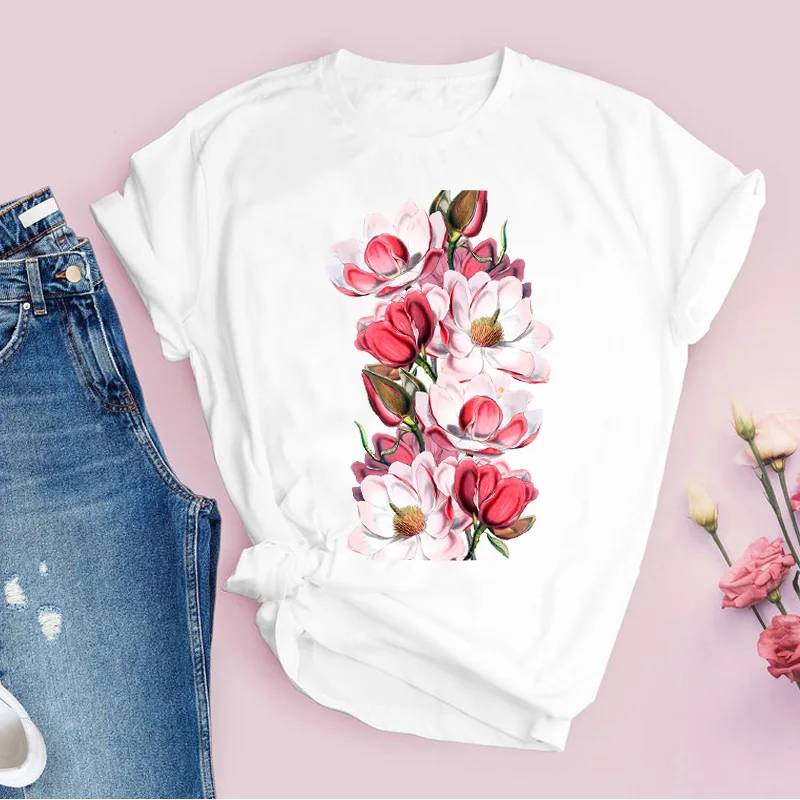 

Female T Shirt Womens T-Shirt Women Graphic Flower Floral Fashion Casual Cute 90s Style Vintage Lady Tees Print Tops Clothing