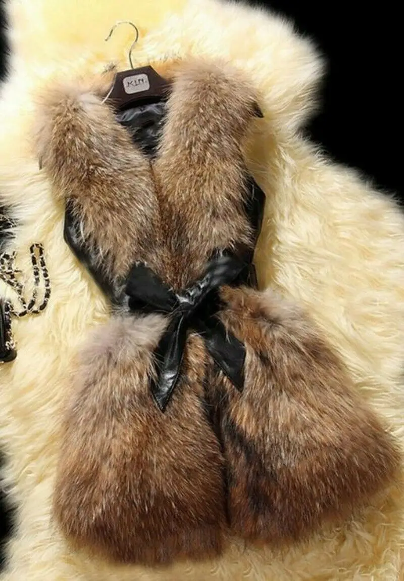 

New Fashion Women Pu Leather Faux Fox Fur Vest Belt Slim Fit Casual Waistcoat Winter Outwear Gliet