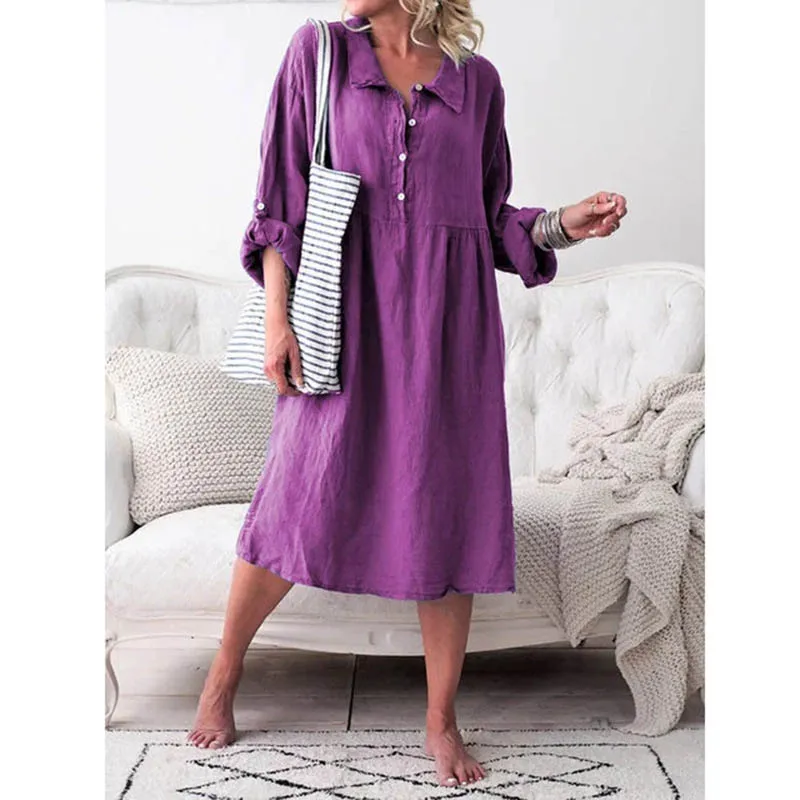 

2021 New Women's Loose Button Mid-length Dress With Cotton And Linen Plus Size