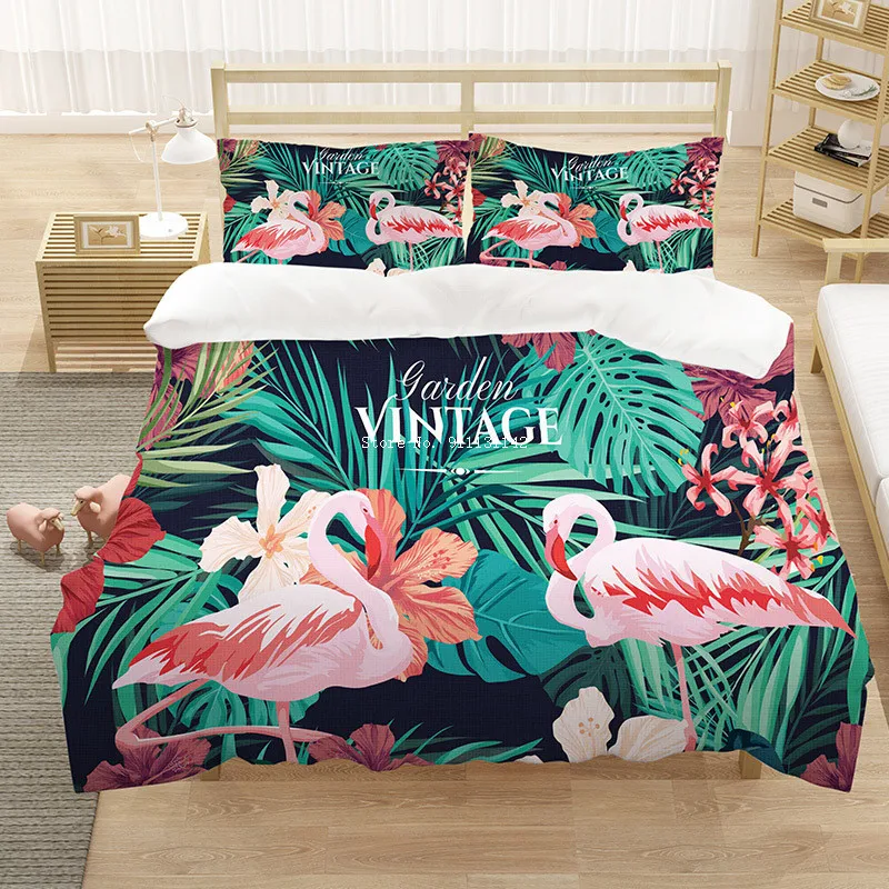 

Cartoon Pink Flamingo Leaf Printed Bedding Set High Quality Down Quilt Cover Pillowcase Double Bedsheet Full Queen King Quilt
