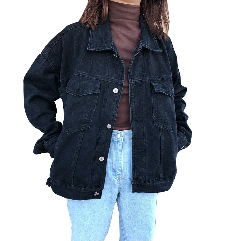 

2020 New Casual Women Black Jeans Loose Style Female Denim Jacket Bomber Coat Autumn Long Sleeve Buttons Outerwear Tops