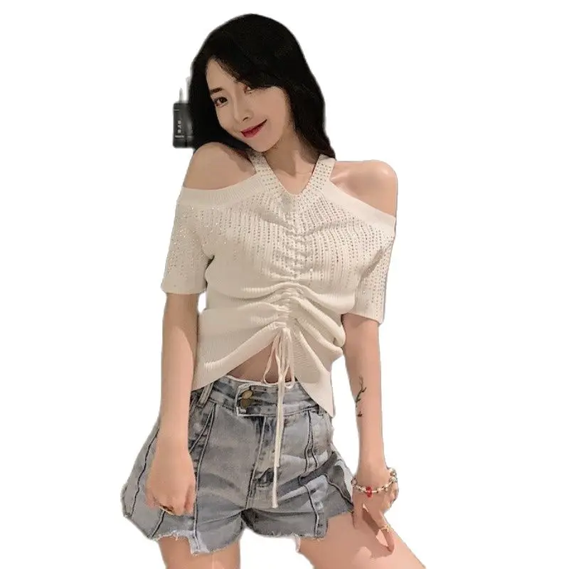 

Diamonds shirt women 2021 knitted bottoming halter shirt strapless short blouse women rivet blouse women beading top women tees