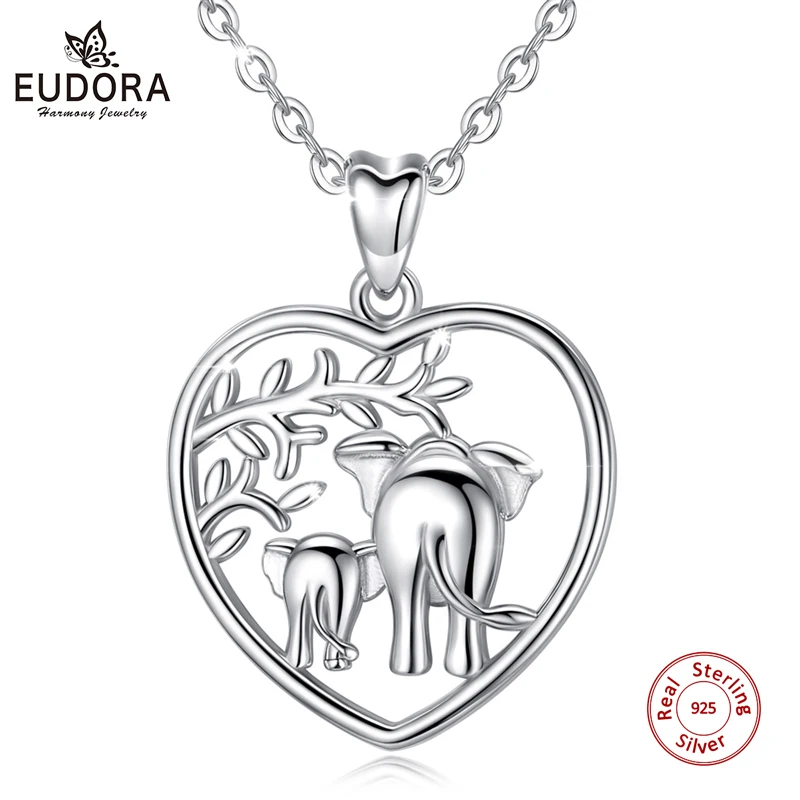 EUDORA 925 Sterling Silver Mama and baby Elephant Necklace or Charm Mother Day Gift Animal Jewelry Mommy Elephant Pendant D142-2