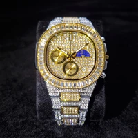 hip hop missfox baguette diamond men watch quartz calendar clock luxury brand moon phase gold watch waterproof golden timepiece