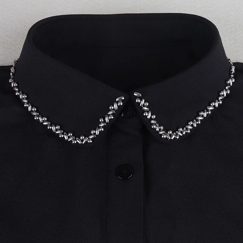 Поддельные меховой воротник с украшениями в виде перламутровых ногтей рубашка