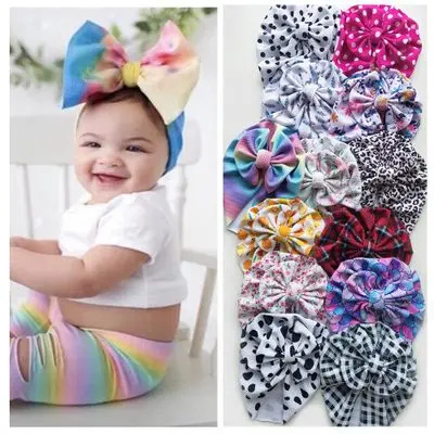 

Baby Turban Hat With Bow Children Hats Printed bow Hat Toddler Kids Soft Cotton Turban Beanies Hat Birthday Gift Photo Pr
