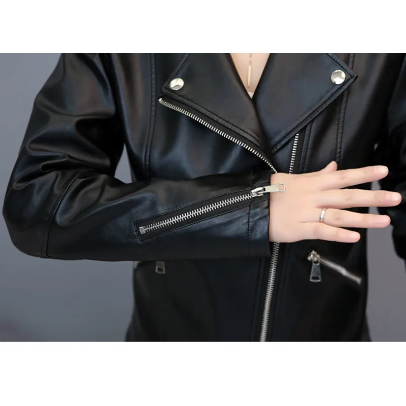M-4XL Women Motobike Leather Jacket Spring Autumn Fashion Zipper Slim Tops Red Short Coat Black Sheepskin Outerwear Female