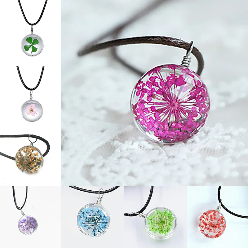 

Jewelry Accessories New Gemstone Necklace Peach Blossom Clover Dandelion Dried Flower Luminous DIY Glass Pendant