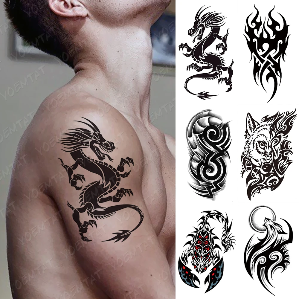 

Transfer Waterproof Temporary Tattoo Stickers Dragon Flame Totem Flash Tatto Wolf Scorpion Arm Body Art Fake Tattoos Women Men