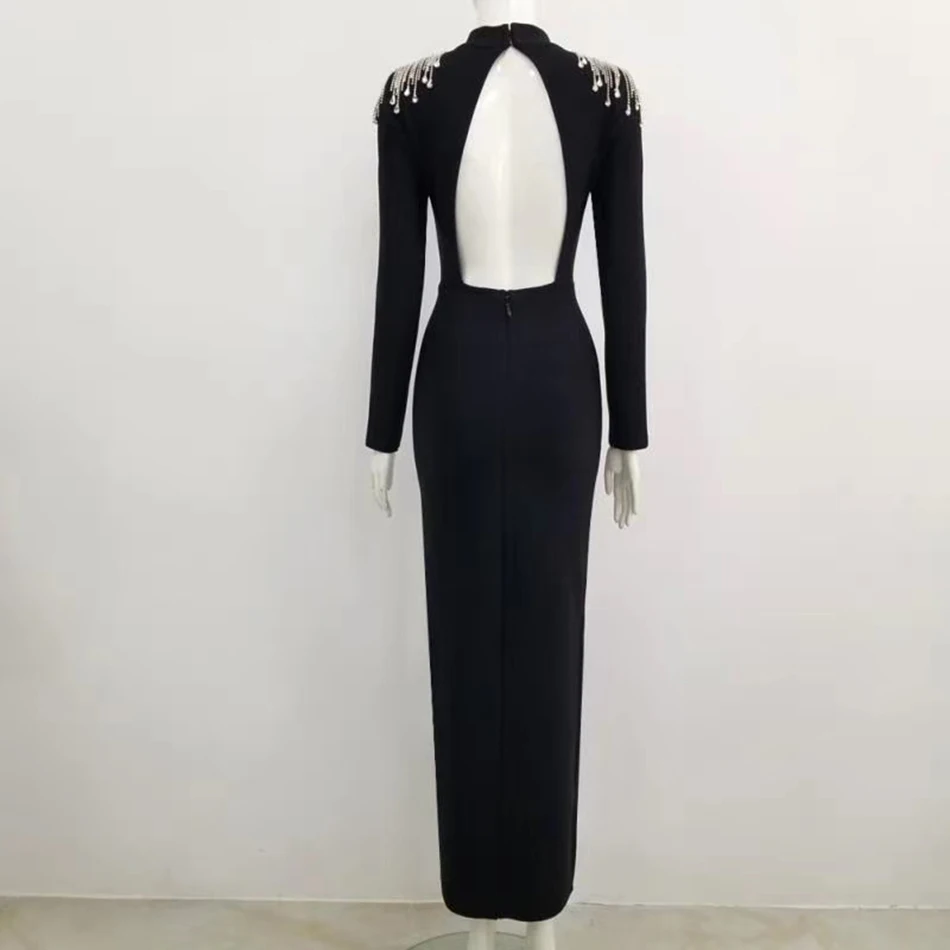 

High Quality Women 2020 Sexy O-Neck Long Sleeve Backless Diamond Tassel Bandage Dress Bodycon Club Party Long Dress Vestidos