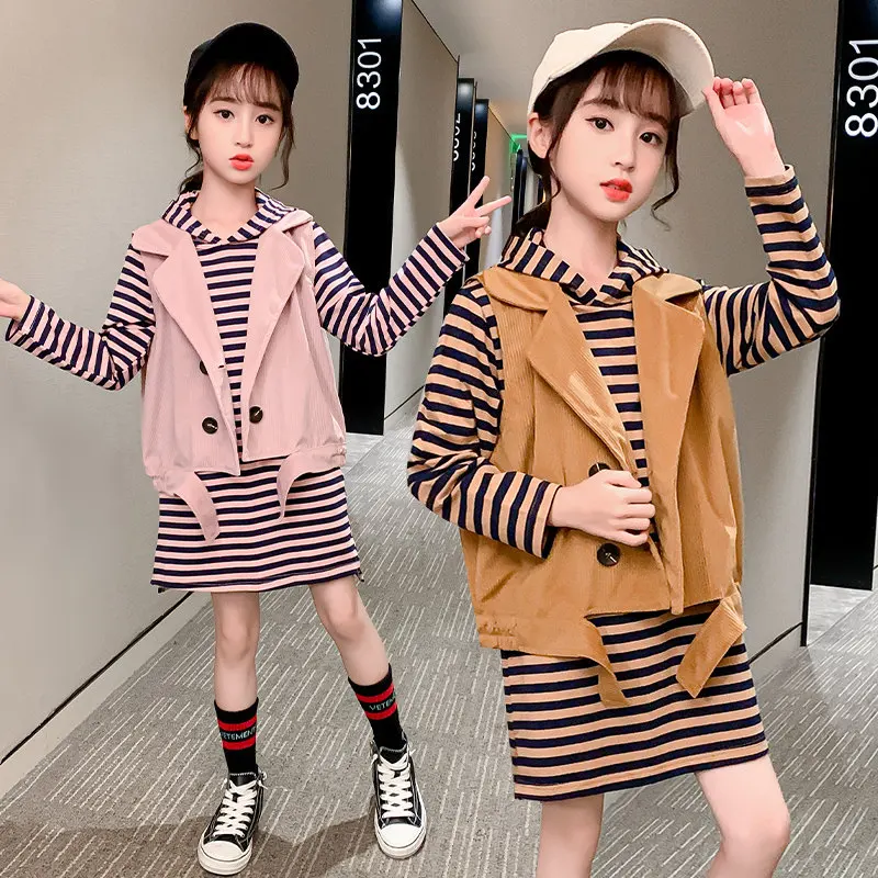 

2021 New Arrival 2 Pieces Teenage Girls Clothing Set Fashion Kids Girls Clothes Set Outfits Waistcoat And Hoodies For Teens 4-13