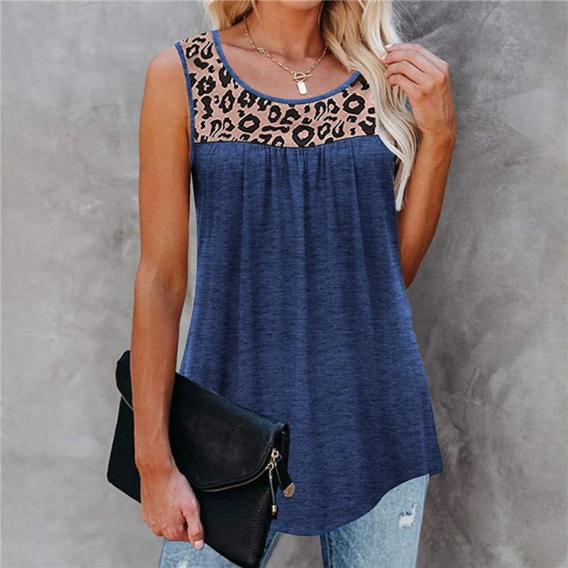 

Ladies Leopard Print Tanks Patchwork Loose O Neck Irregular Hem Sleeveless Vest Ladies Tank Top Tops 5 Colors