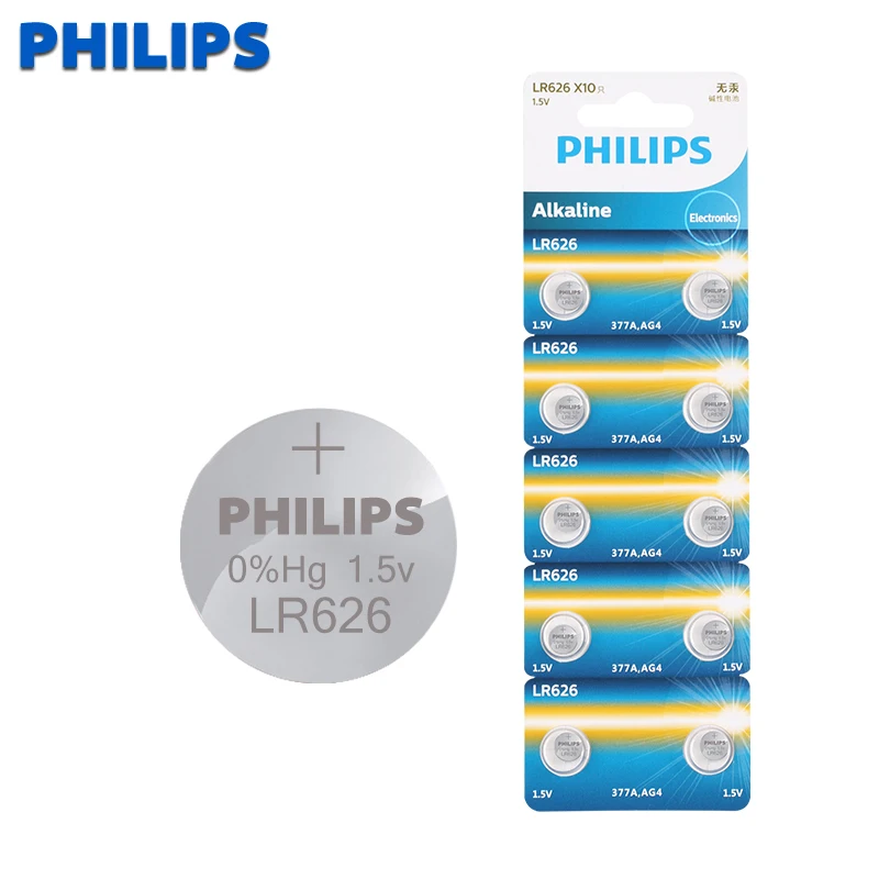 Philips 10 шт. AG4 LR626 377 кнопочные батареи SR626 177 щелочные батарейки для монет 1,55 в 626A 377A CX66W для часов