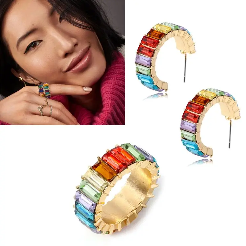 Радужный кристалл багет кольцо серьги ювелирный набор кубического циркония