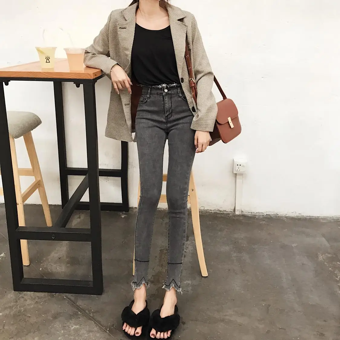 Make firm offers - show thin tight control of tall waist elastic jeans fashion foot pencil pants female tide