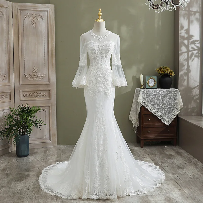 

Vestido De Noiva 2021 Full Sleeve Mermaid Dress With Court Train Lace Up Princess Luxury Wedding Dress Customize