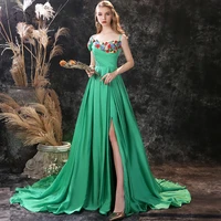 adln spaghetti straps green evening gown with train vestido de festa longo side slit party dress customized 2020