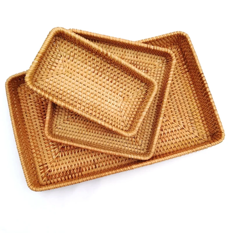 

Rattan Wicker Serving Tray Rectangular Decorative Organizer for Coffee Table Fruit Drinks Snack Bathroom Platter Kitchen