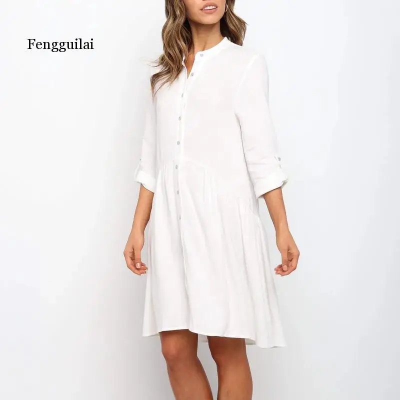 

Women Elegant O-Neck Solid Color Dress 2020 Autumn Casual Half Sleeve Button Party Dress Lady Loose Cotton Midi Dresses Vestidos