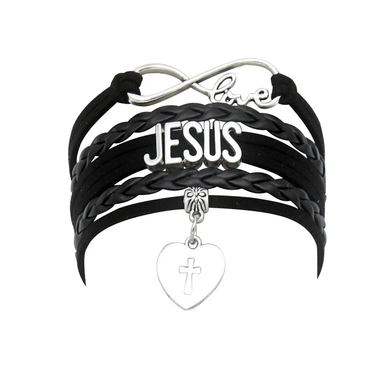 

10PC/lot Infinity Love Jesus Heart Cross Charm Bracelet Christian Religious Faith Leather Wrap Bracelets For Women Men Jewelry