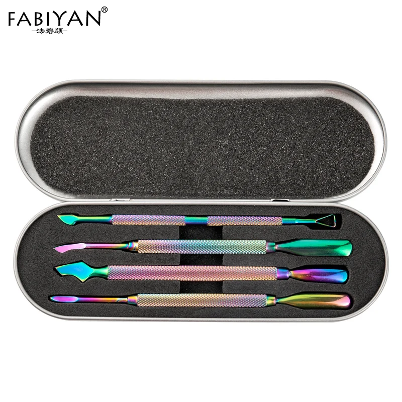 4Pcs with box Нержавеющая сталь двойной Хамелеон Радуга кутикулы толкатель для удаления пальцев омертвевшей кожи Советы Маникюр ногтей уход инструменты педикюр - Цвет: 4Pcs with box