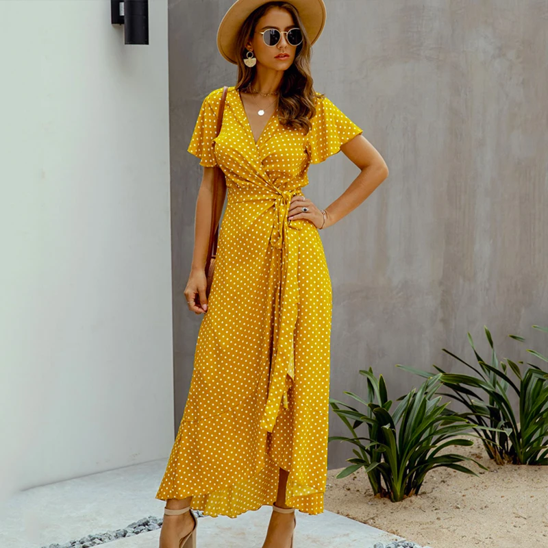 

Polka Dot Sexy Summer Long Dress Women Polka V Neck Ruffle Short Sleeve Vacation Long Beach Ladies Lace Tied Wrap Party Dress