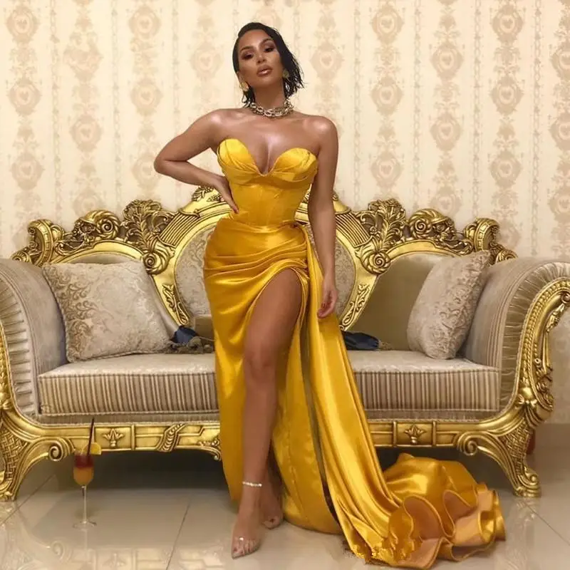 

Yellow Gold Sweetheart Satin Mermaid Split Prom Dresses 2022 Black Girls Ruched Formal Party Gown Robe De Soiree