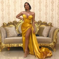 yellow gold sweetheart satin mermaid split prom dresses 2022 black girls ruched formal party gown robe de soiree