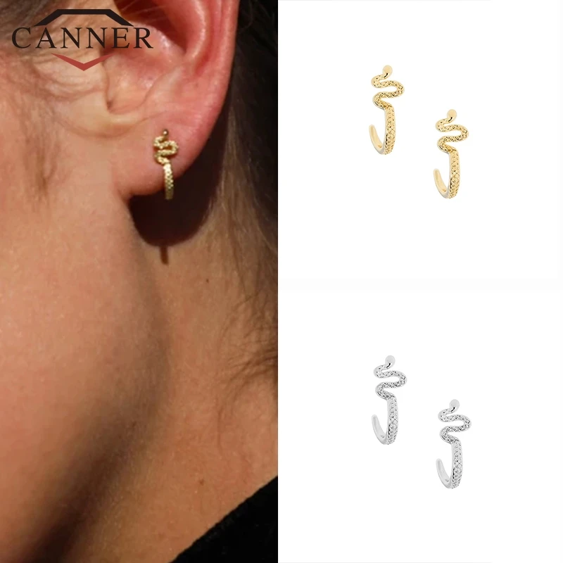 

CANNER 925 Sterling Silver Earrings For Women Gold Small Hoop Earrings Girl Ear Bone Earring Zircon snake Earings pendientes